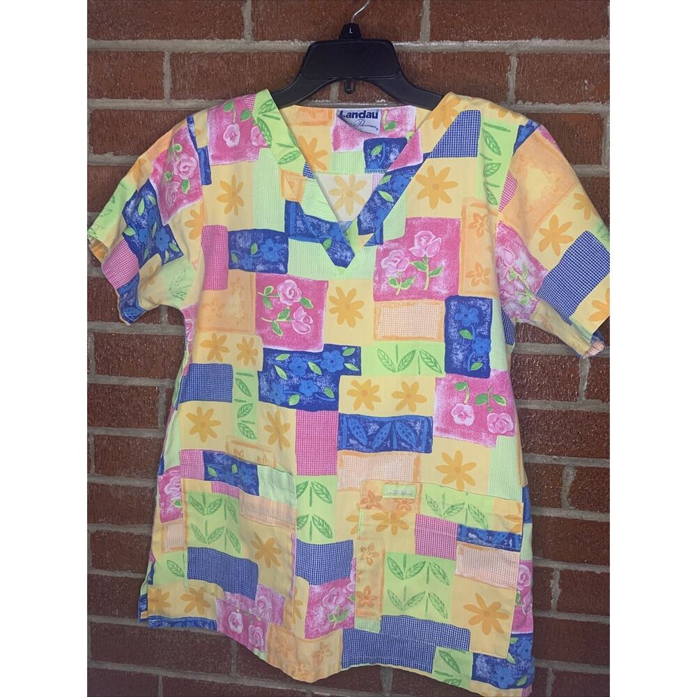 Landau Womens Scrub Top Floral Patchwork Small